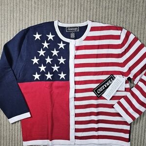 Terazzo American Flag Cardigan Sweater XL Navy Red White Ramie Cotton NWT